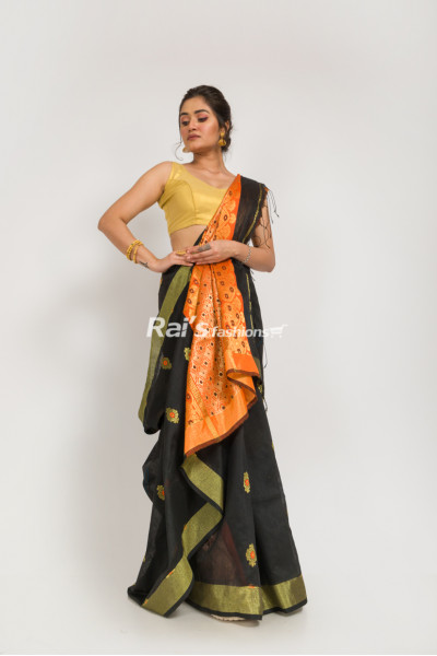 Handloom Silk Cotton Saree With Contrast Color Heavy Weaving Pallu And All Over Butta Work (KR196)
